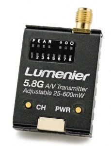 The Lumenier TX5GA 5.8GHz Adjustable RF power (25-600mW) FPV transmitter easily changes your output radio-frequency power at the push of a button: 25mW, 200mW, or 600mW.