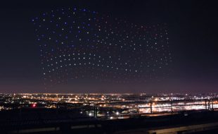 An Intel Shooting Star drones fleet lights up the sky in an American Flag formation during the Pepsi Zero Sugar Super Bowl LI Halftime Show on Sunday, Feb. 5, 2017. (Credit: Intel Corporation)