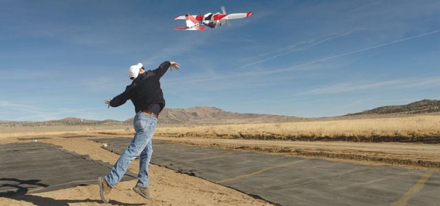 The fixed-wing PrecisionHawk Lancaster 5 being launched during the TCL2 demonstration at Reno-Stead Airport, October 2016. (Photo courtesy of NASA Ames/Dominic Hart)